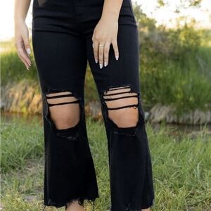 Zenana Black Distressed Cropped wide leg denim